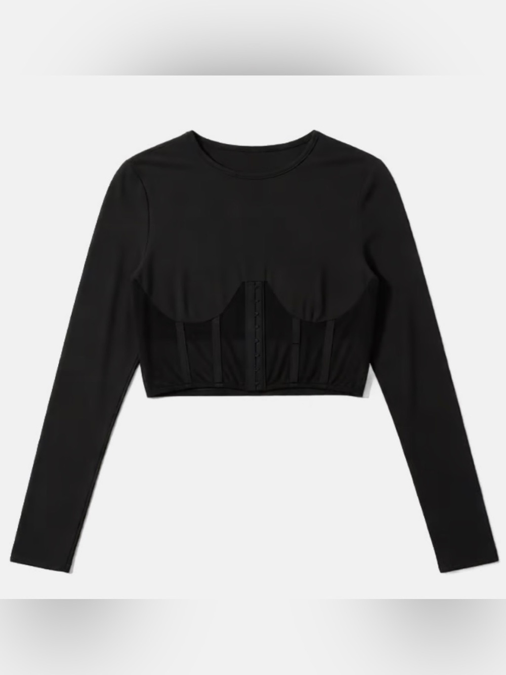 Corset-Detail Long Sleeve Crop Top - Black